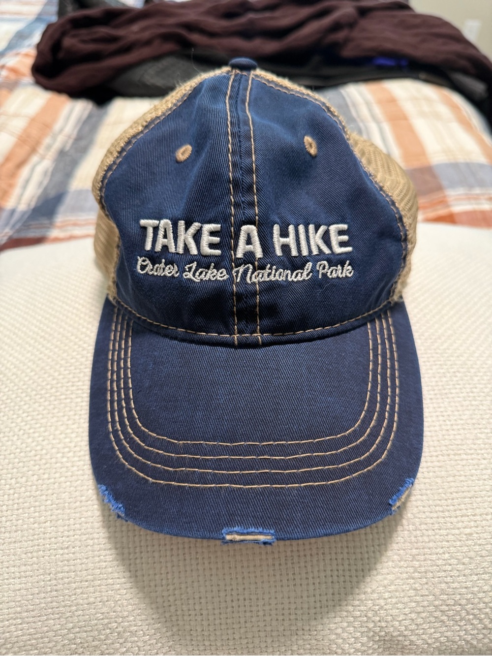 "Take A Hike" Embroidered Mesh-Back Baseball Cap - Navy & Tan Crater lake